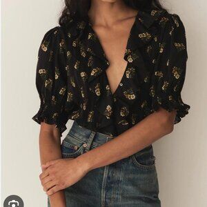 DÔEN - XS Henri ruffled pintucked floral-print cotton top, NWOT